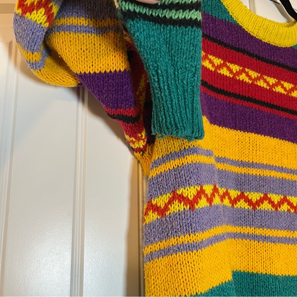 Vintage 80s Colorful Striped Sweater Geometric Granola Cabin Knit Chunky Small - Picture 2 of 6